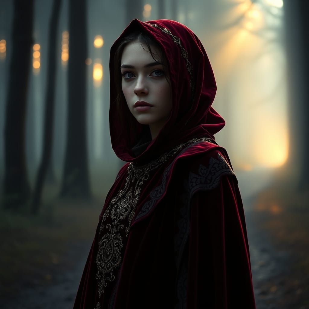 Ethereal Woman in Red Cloak on Misty Forest Path