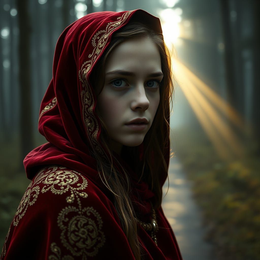 Woman in Red Cloak on Misty Forest Path