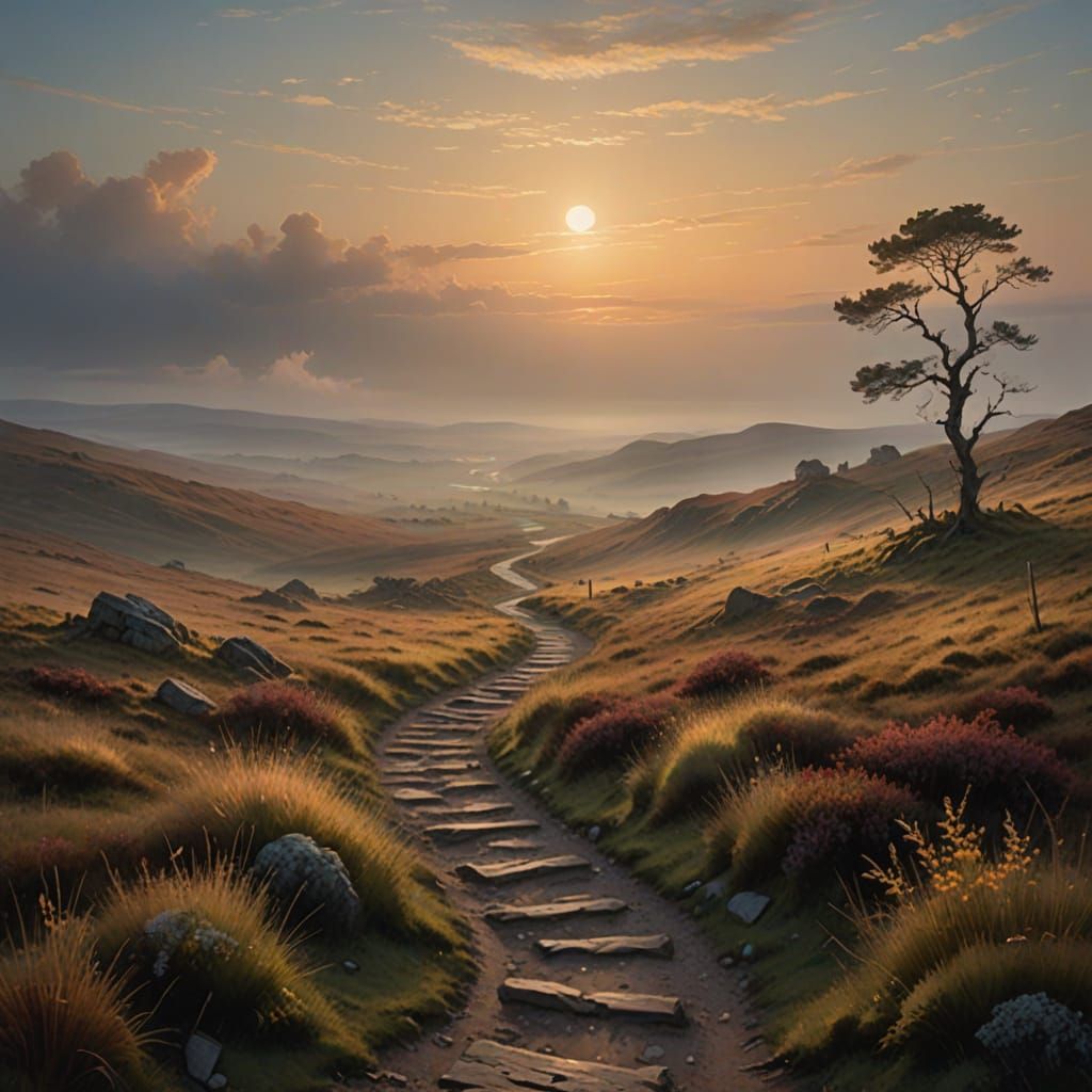 Moonlit Moor Landscape in Impressionist Style