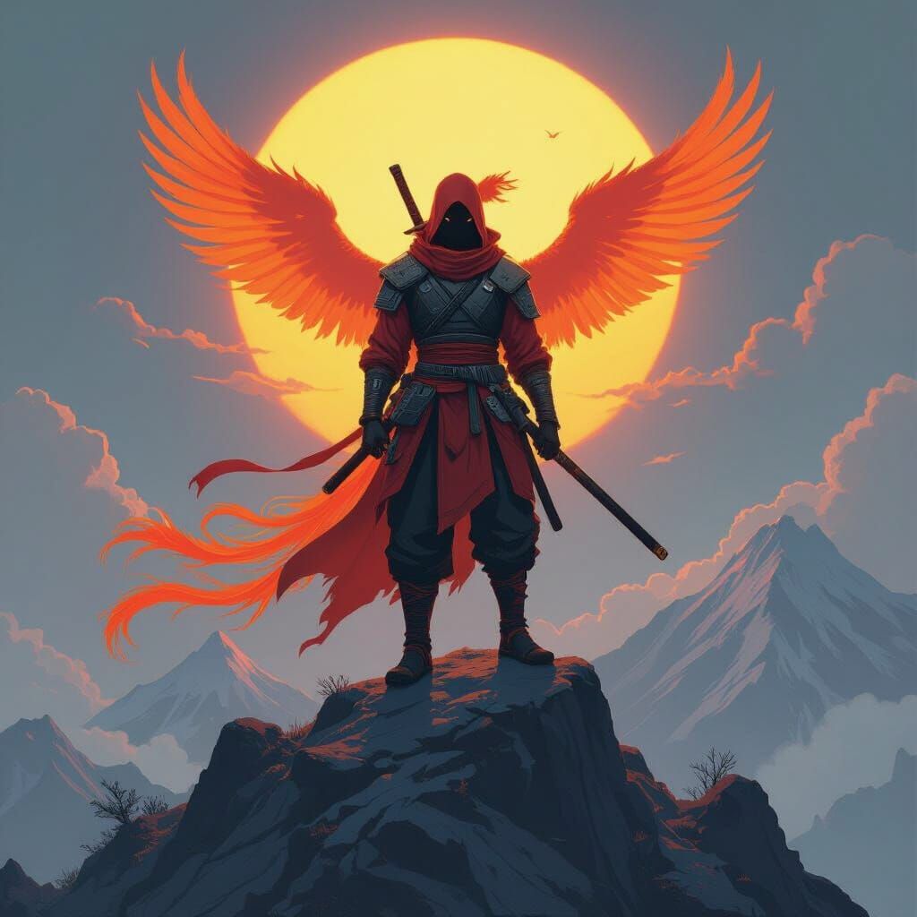Fiery Ninja Phoenix Mountain Scene