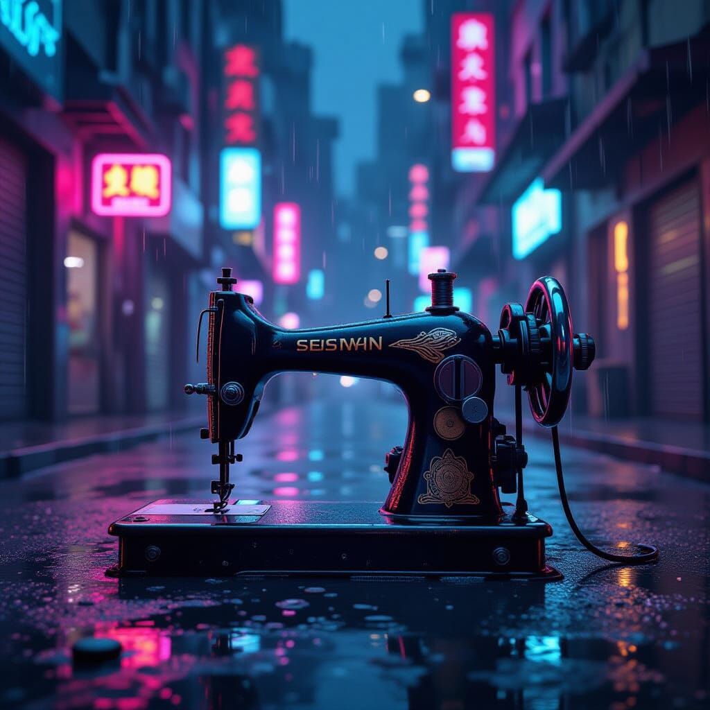 Abandoned Sewing Machine in Neon Cyberpunk Alleyway
