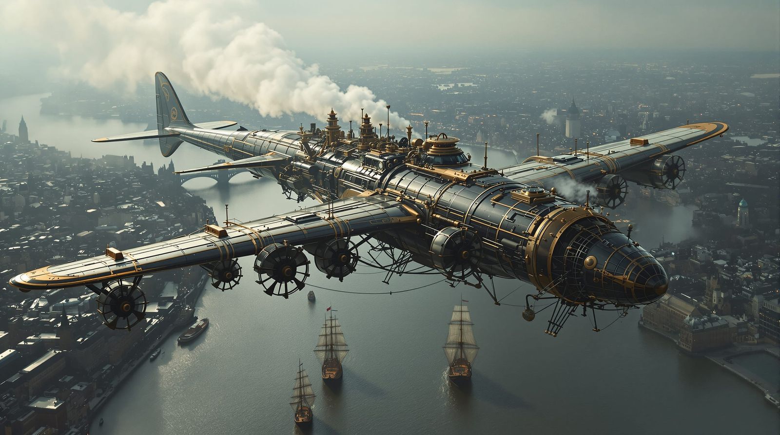 Steampunk Eel Aircraft Soars Over Victorian London