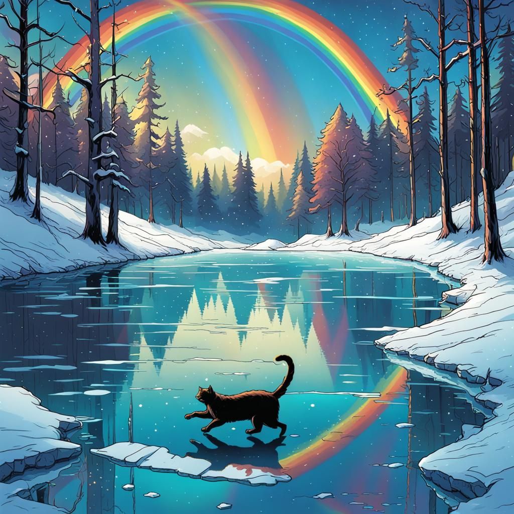 Cat Ice Skating in Snowy Forest, Comic Art