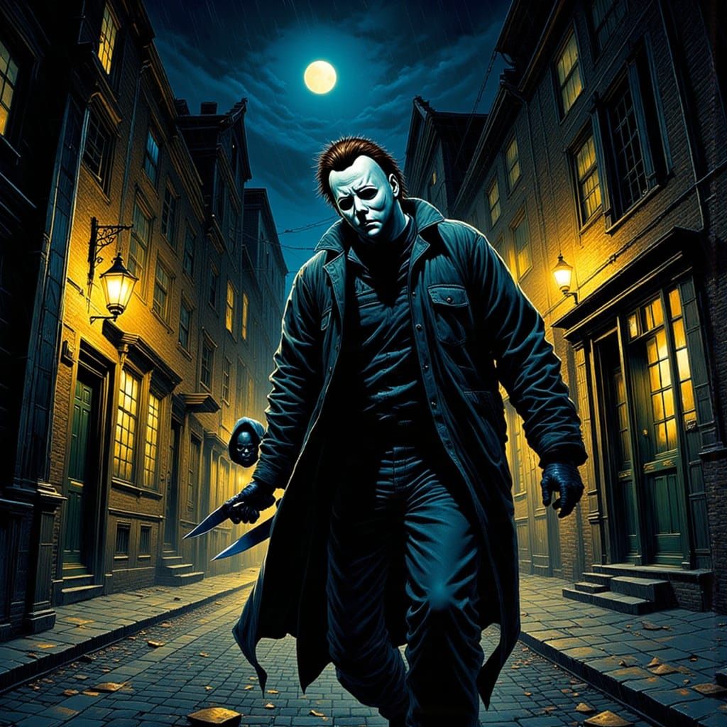 <lora:The  Halloween Shape:1.0> Michael Meyers chasing vs Ba...