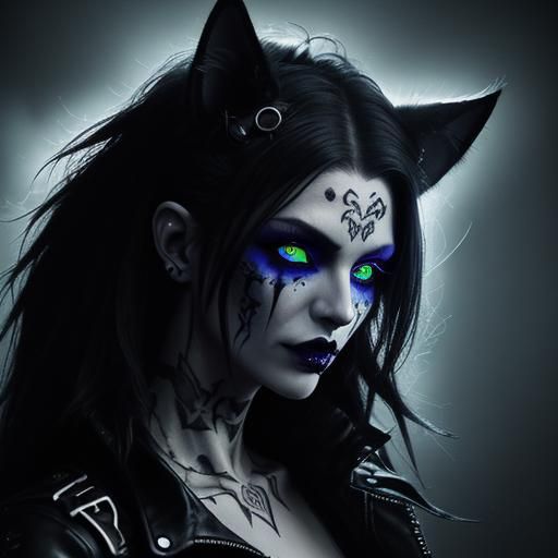Cyber-Goth Punk Portrait with Cat Ears in Dark Fantasy