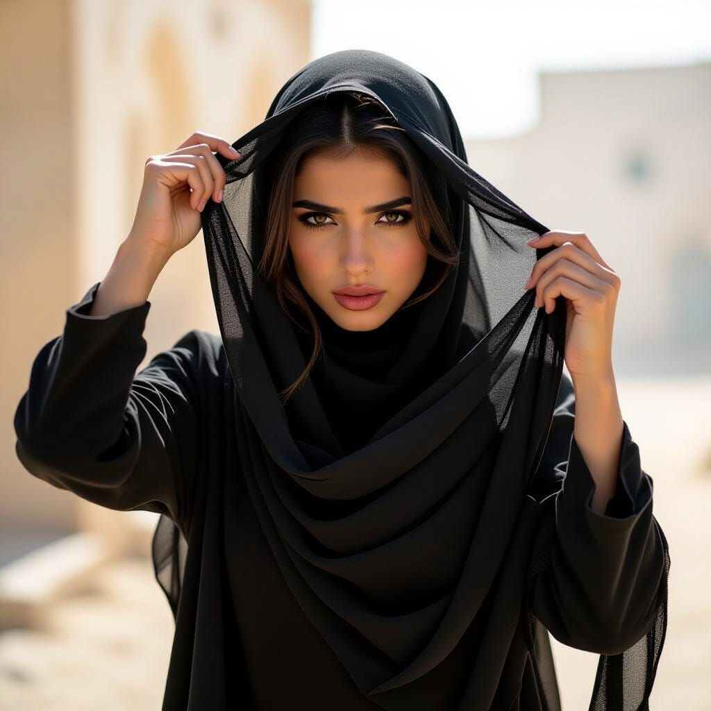 Dramatic Arab Girl Tearing Hijab: Cinematic 35mm Film