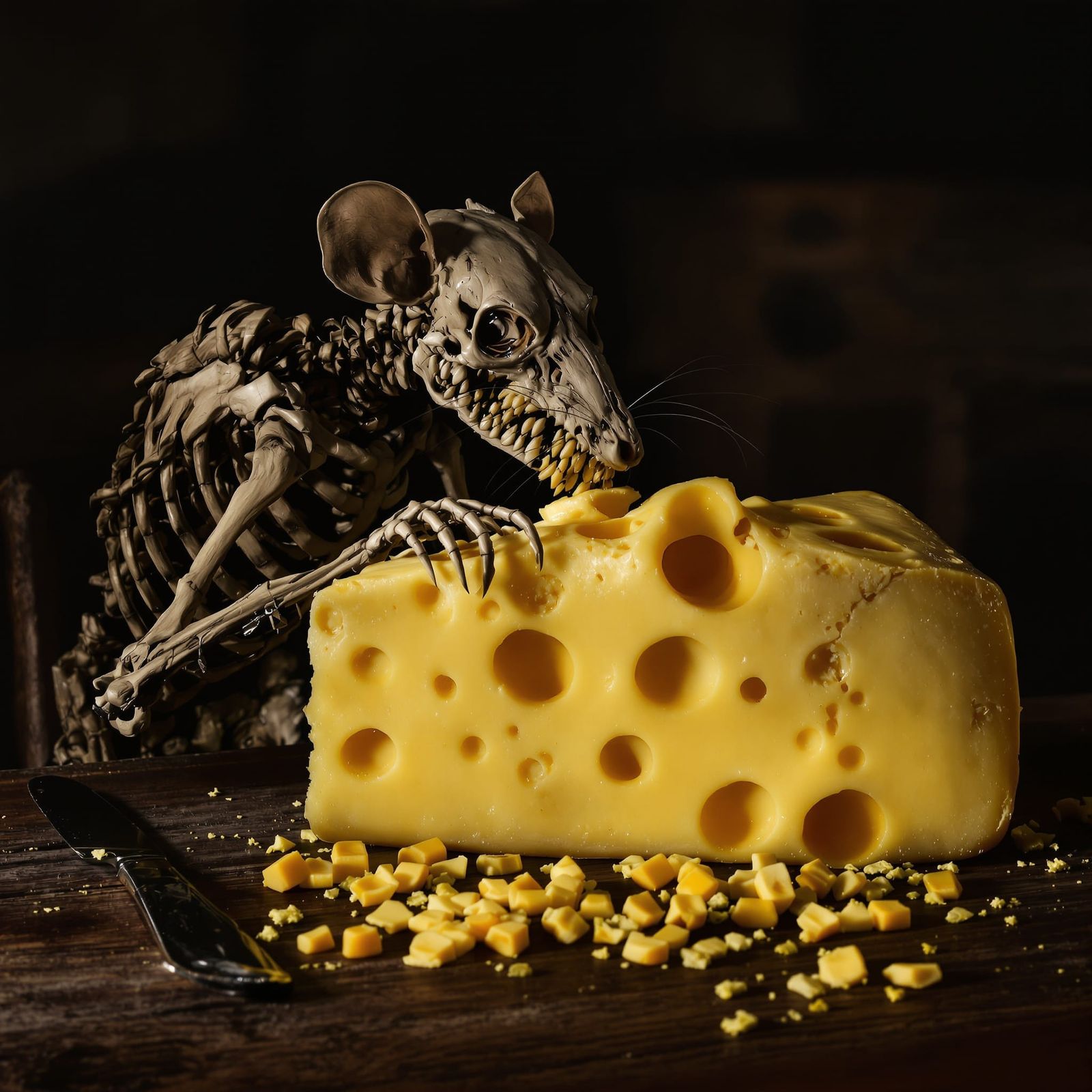 Rat Skeleton Devouring Cheese in 19th Century Style