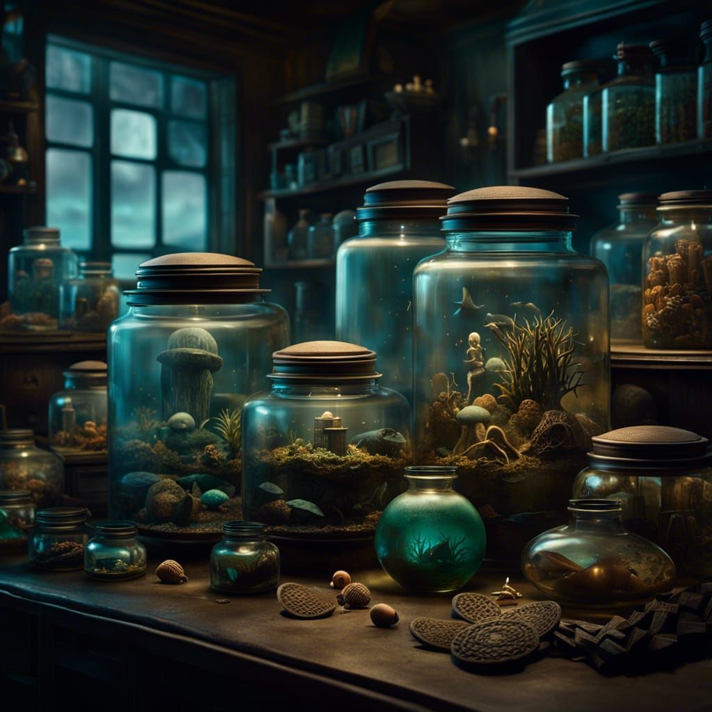 Sitting on a table, a sealed jar containing (the lost city of Atlantis, with miniature people and sea life), an old dirt...