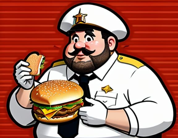 Humorous Image of Overweight Sheriff Eating Hamburger