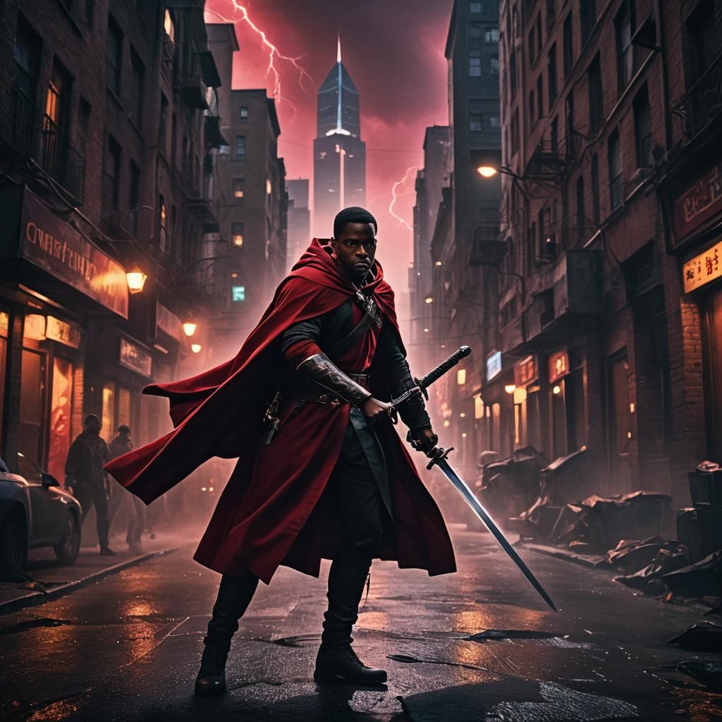 Epic Black Man with Sword in Stormy Cityscape