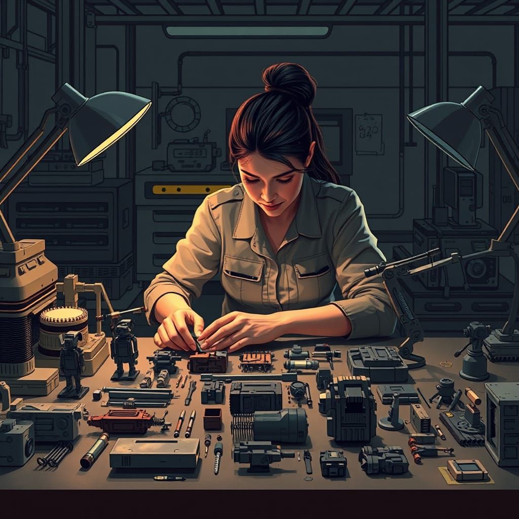 Engineer Arranging Tools in Futuristic Minimalist Style