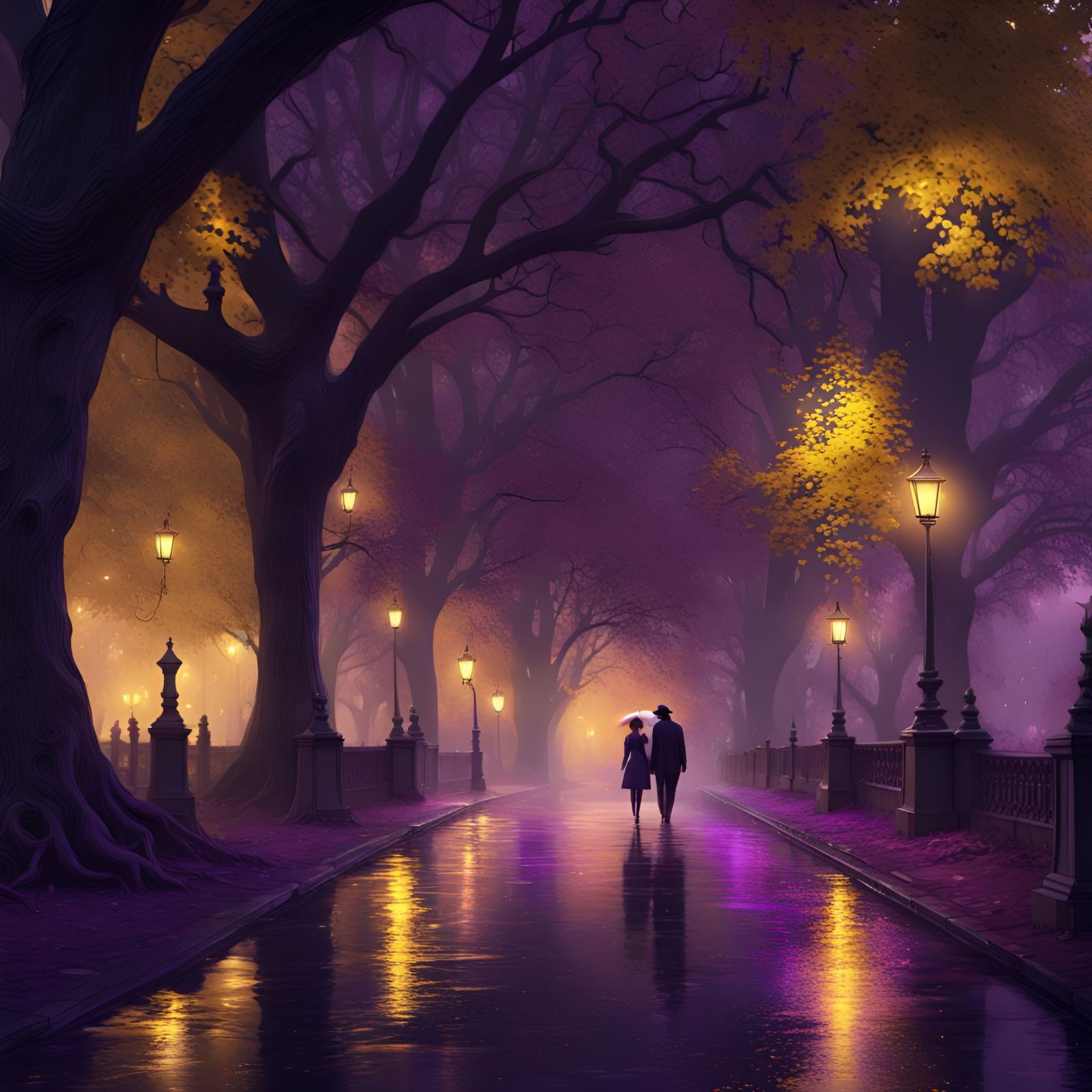 Romantic Rainy Midnight Park Stroll: Dark Fantasy Art