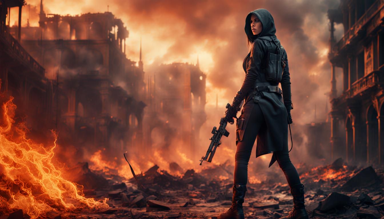 Female Assassin Emerging from Inferno: Digital Matte Paintin...