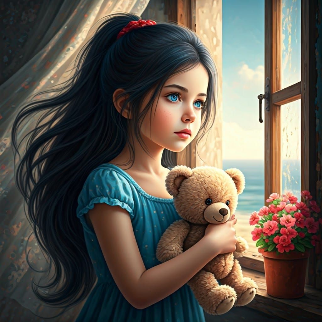 Girl with Teddy Bear Gazing at Sea View