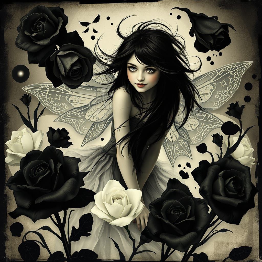 Gothic Rose Fairy in a Swirling Black and White Aura