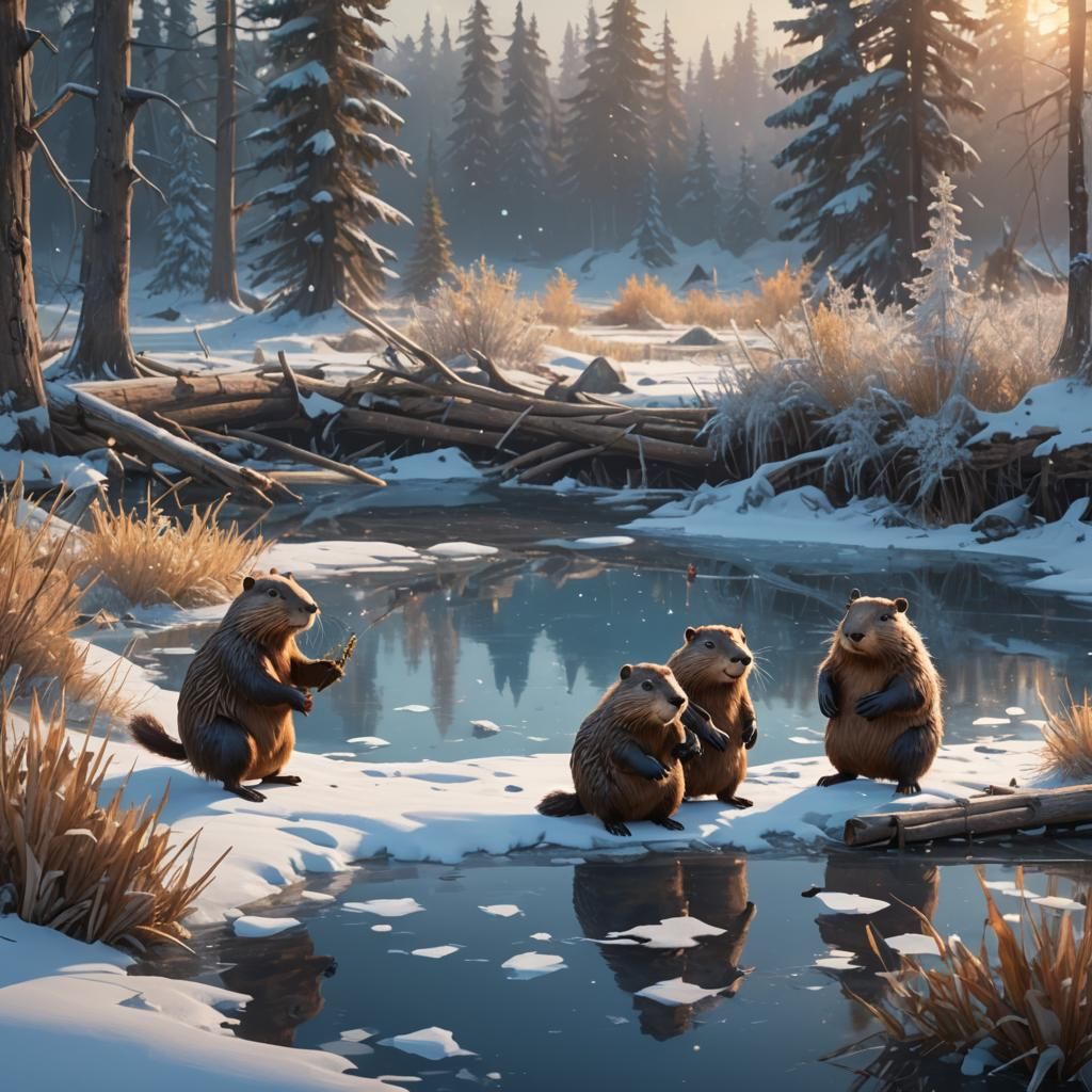 Beavers in Winter: A Fantastical Digital Art Piece