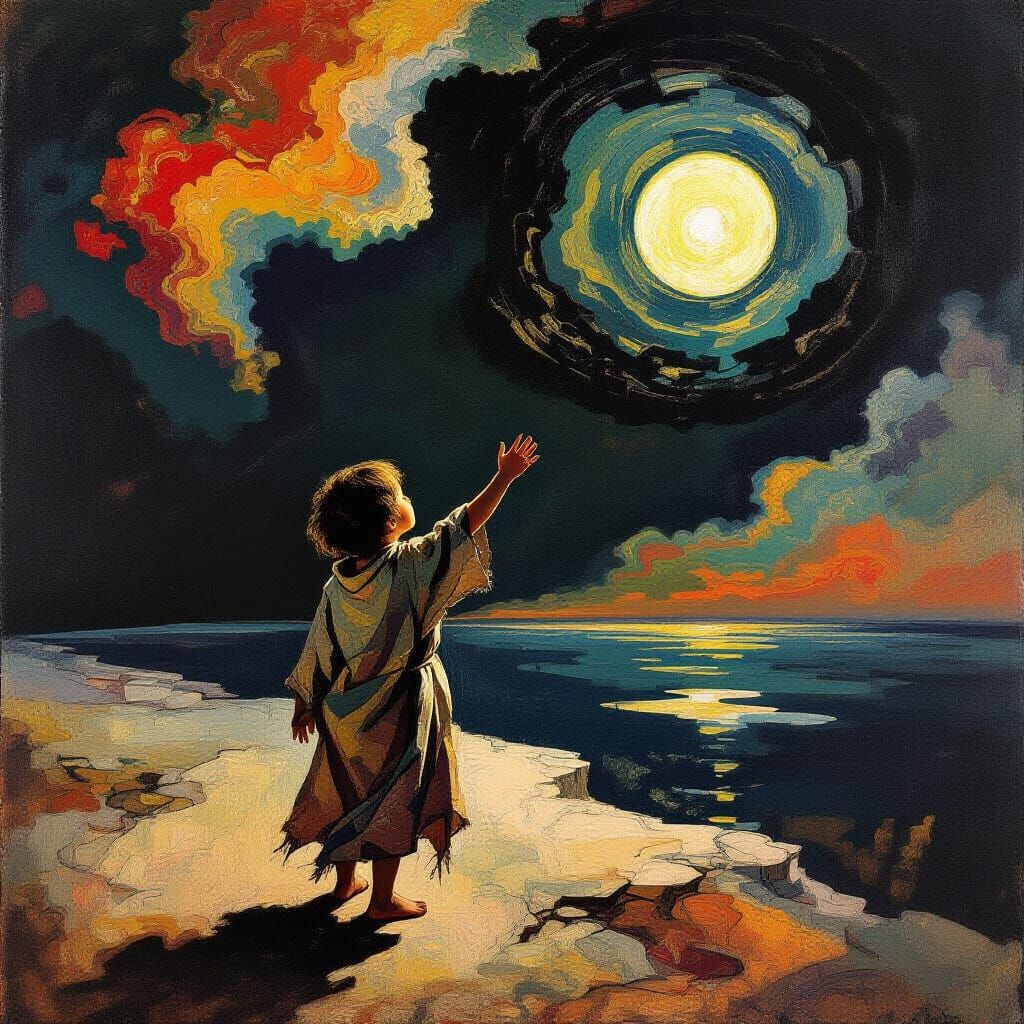 Child Reaches for Glowing Orb in Expressionist Landscape