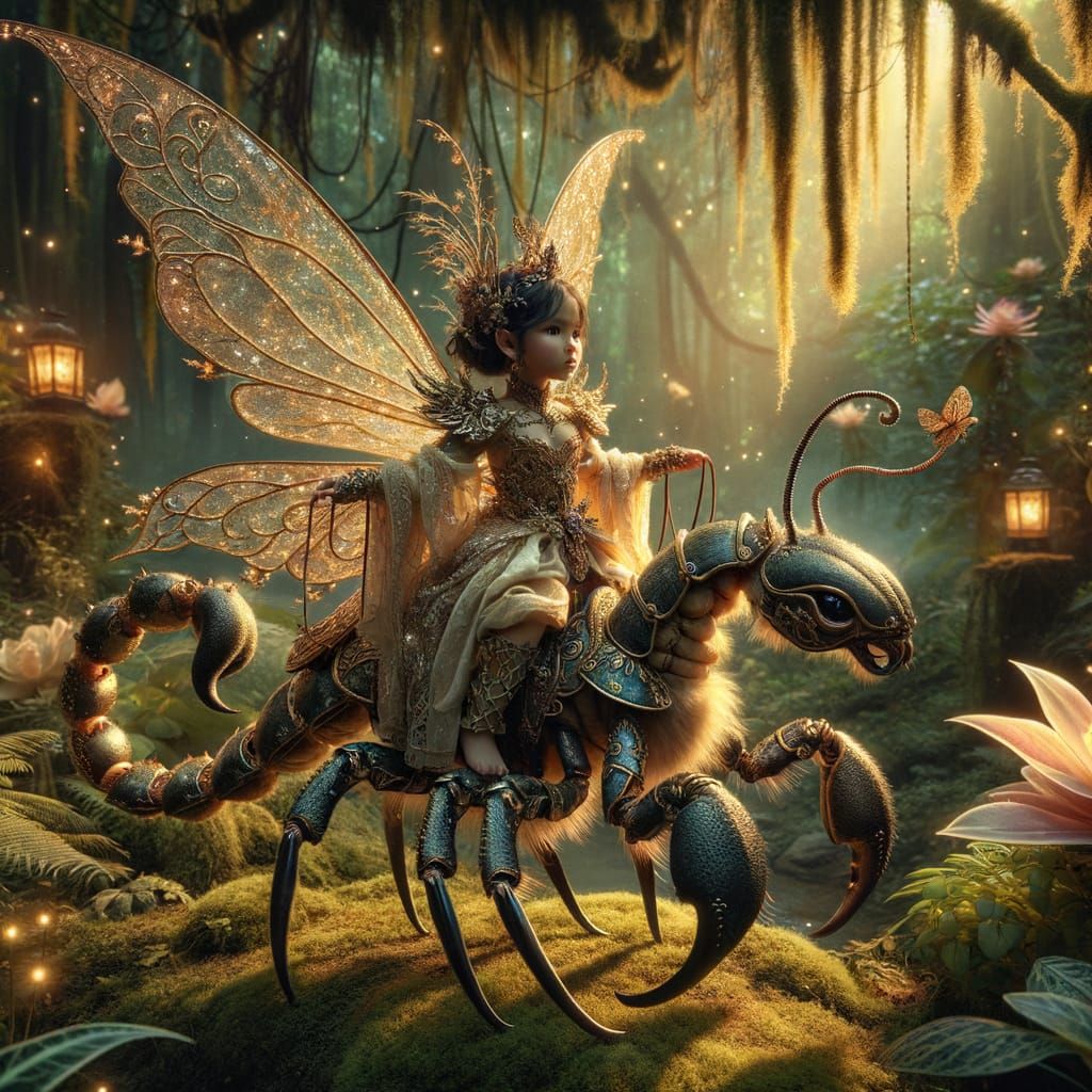 Enchanted Fairy Princess Rides Majestic Scorpion in Whimsica...