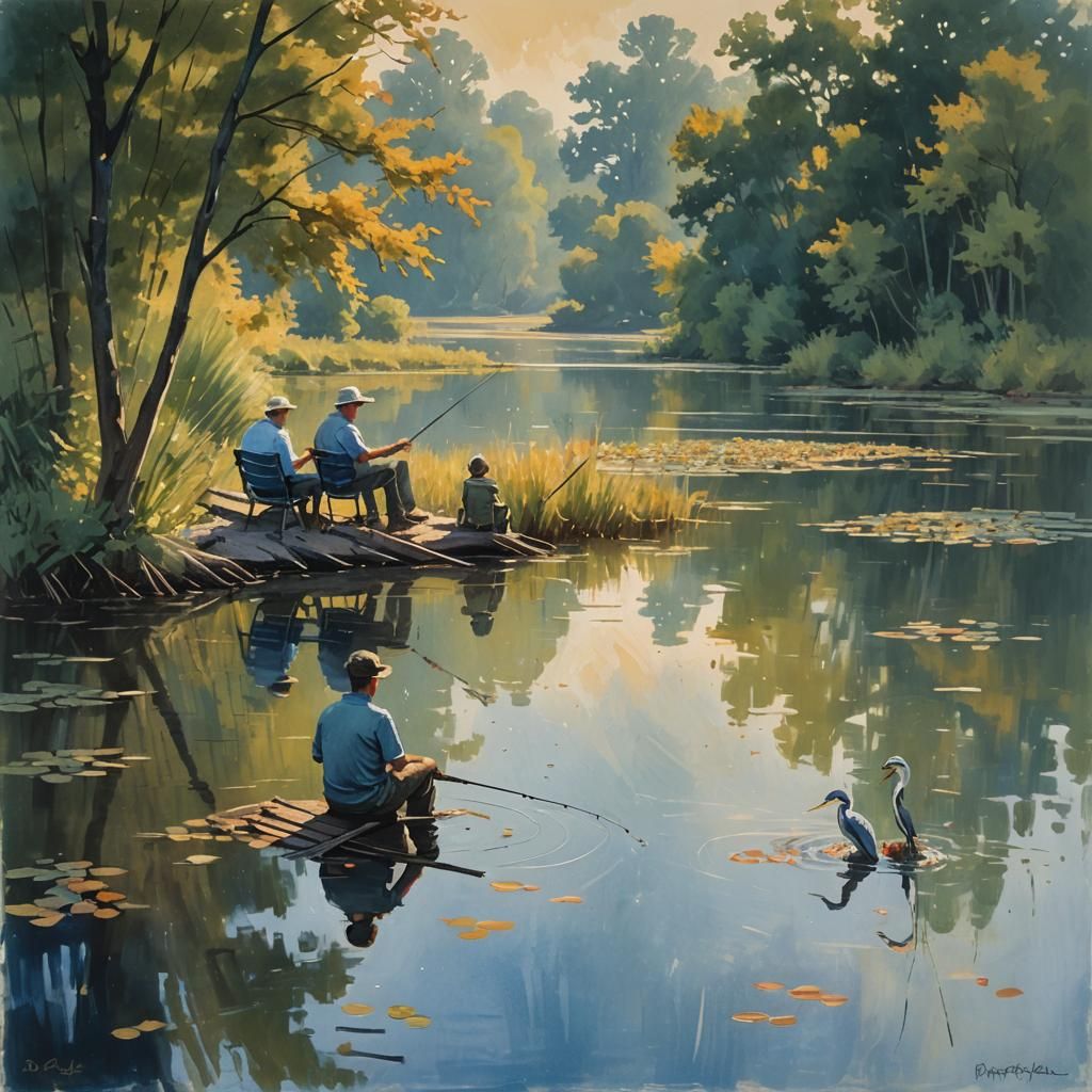 Impressionist Painting of Father and Son Fishing