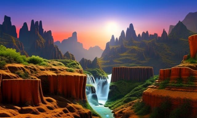 Majestic Ancient Temple in Dreamlike Canyon Landscape
