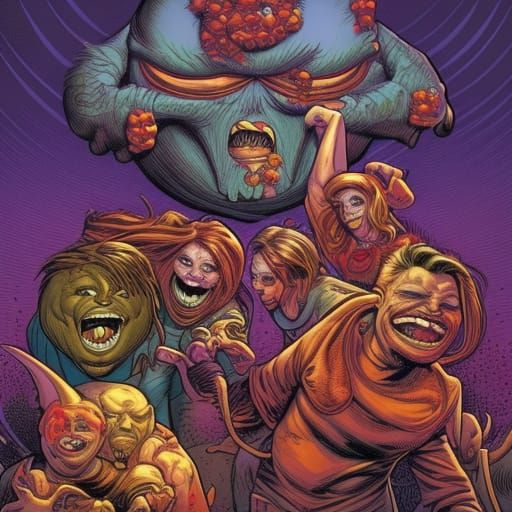 Party with Smiley Monsters in Comic Book Style