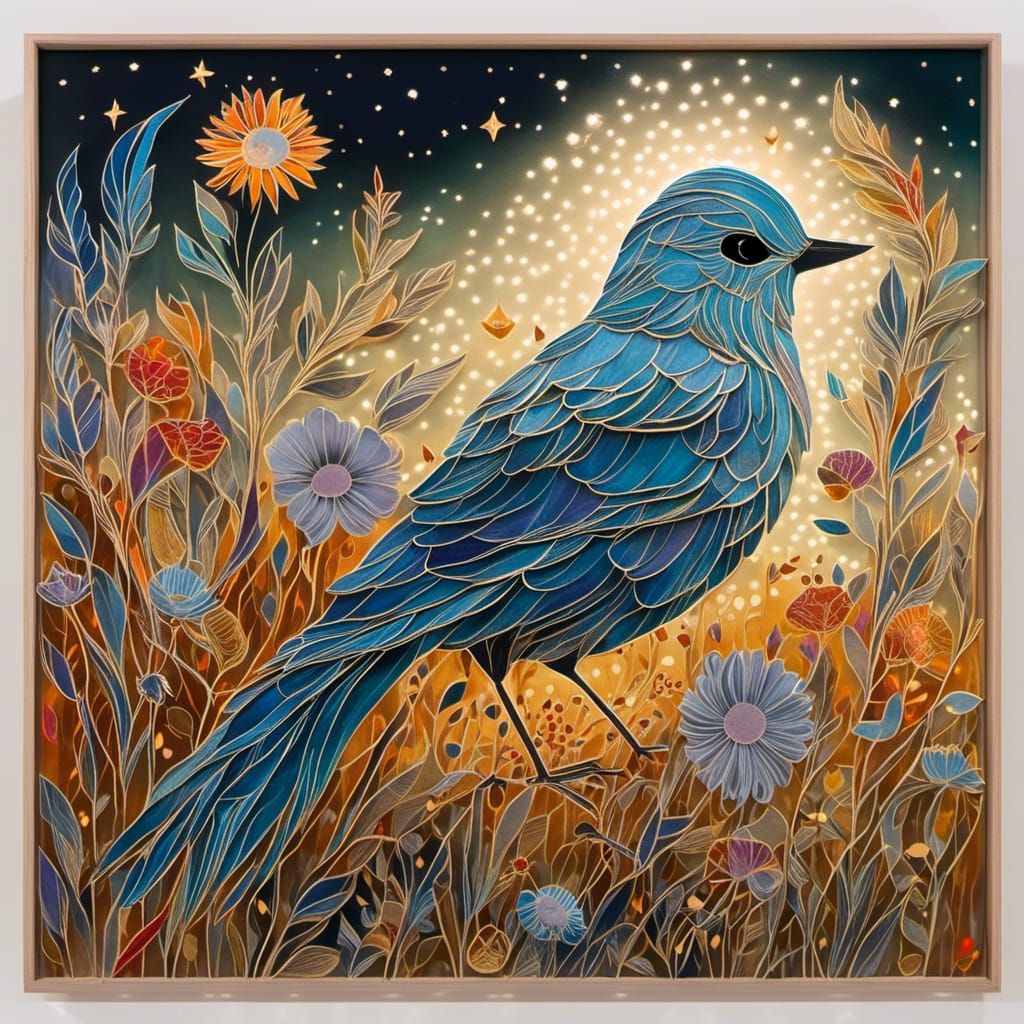 Luminous Blue Bird in Whimsical Forest Setting