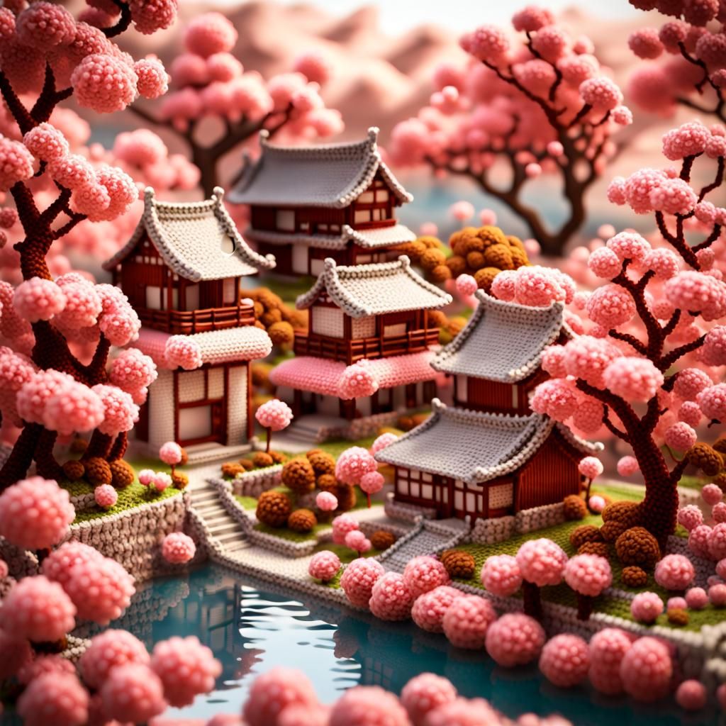 Crocheted Japanese Town and Castle Diorama