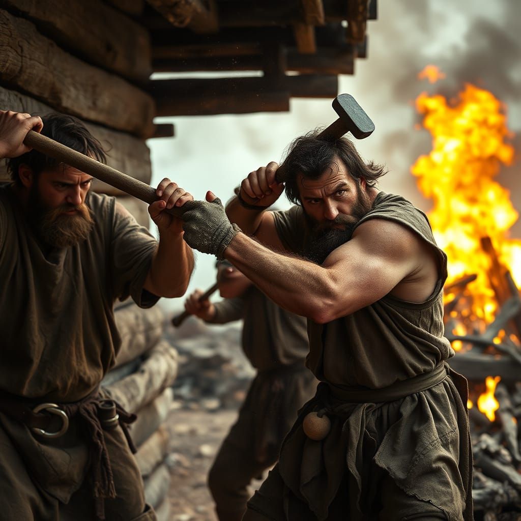 Medieval Workers Smash Wooden Wall in a Fiery Landscape