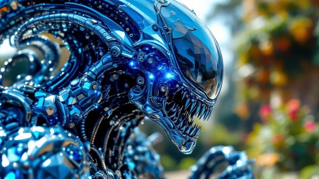 Stunning Steampunk Xenomorph with Blue Diamond Mechanical Pa...