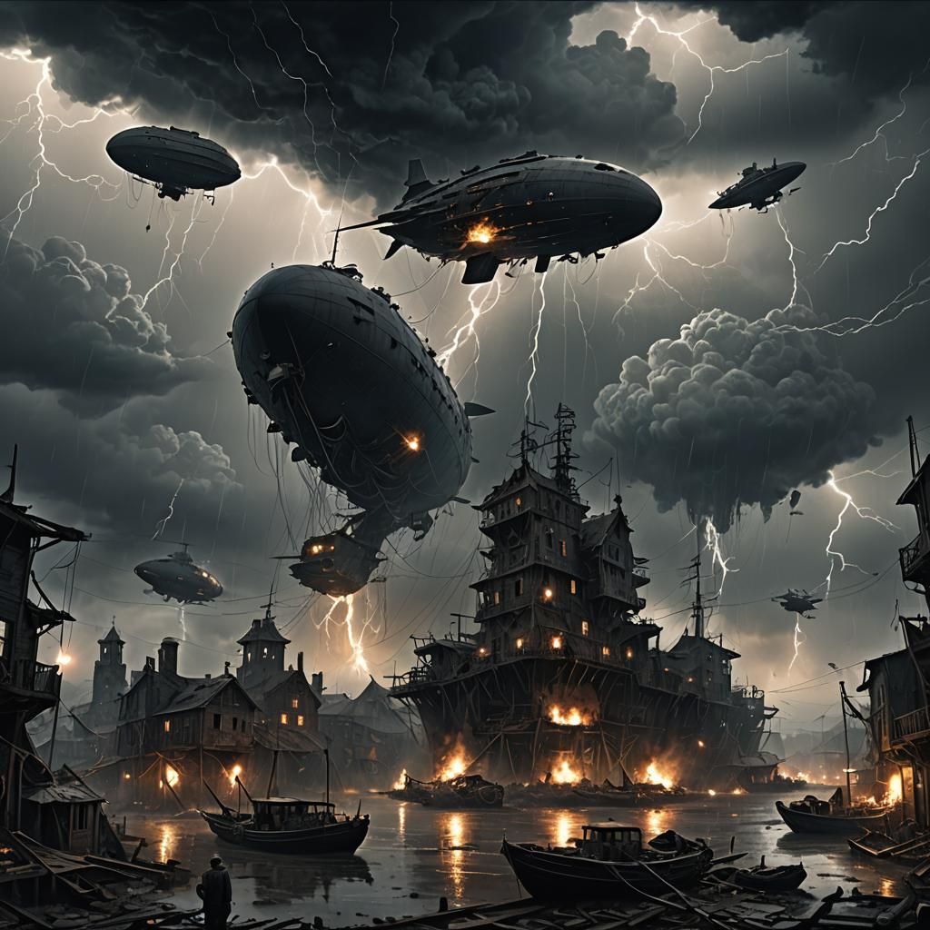 Apocalyptic Airships Rain Fire on Ruined Town