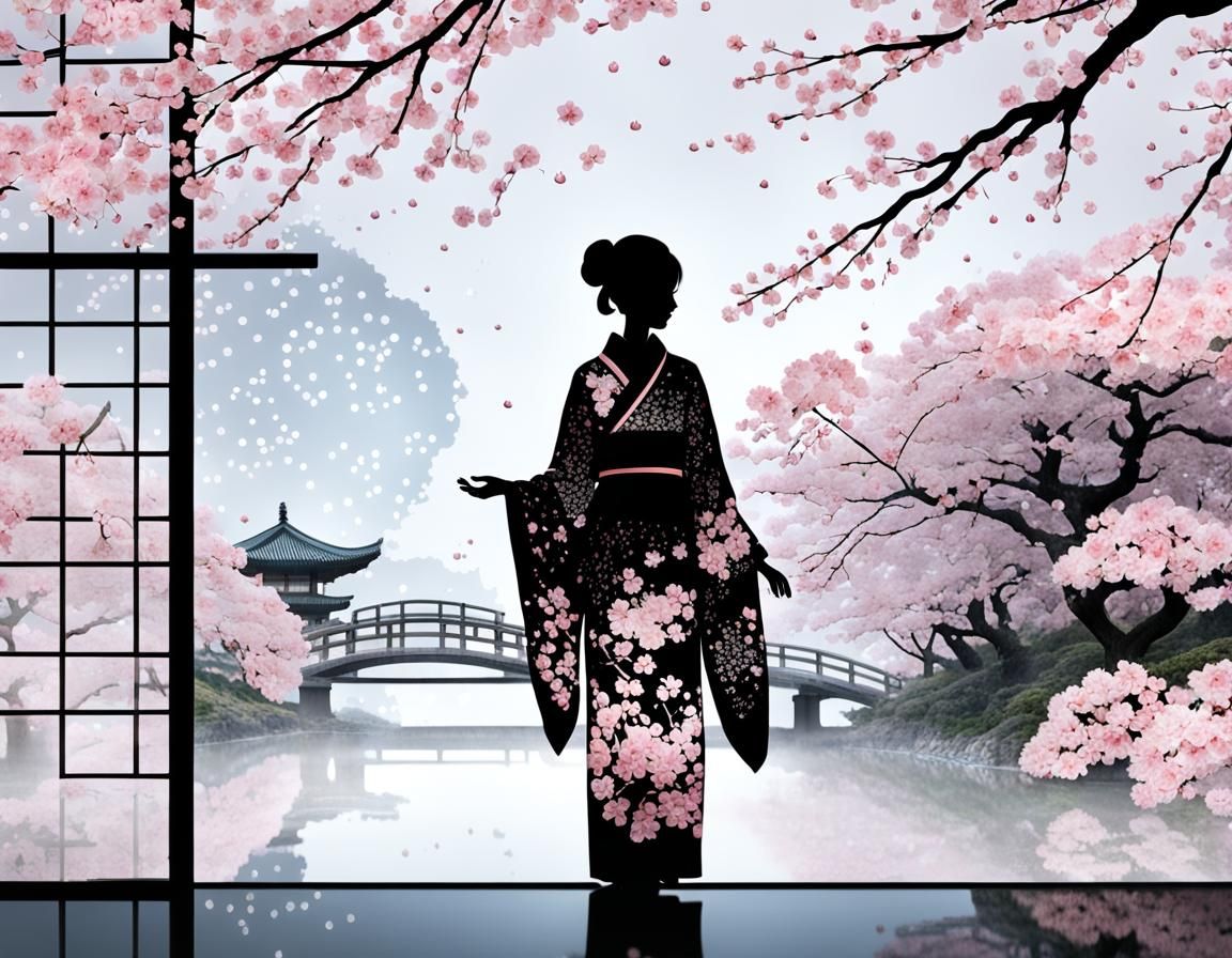 Cherry Blossom Garden and Kimono Silhouette Illustration