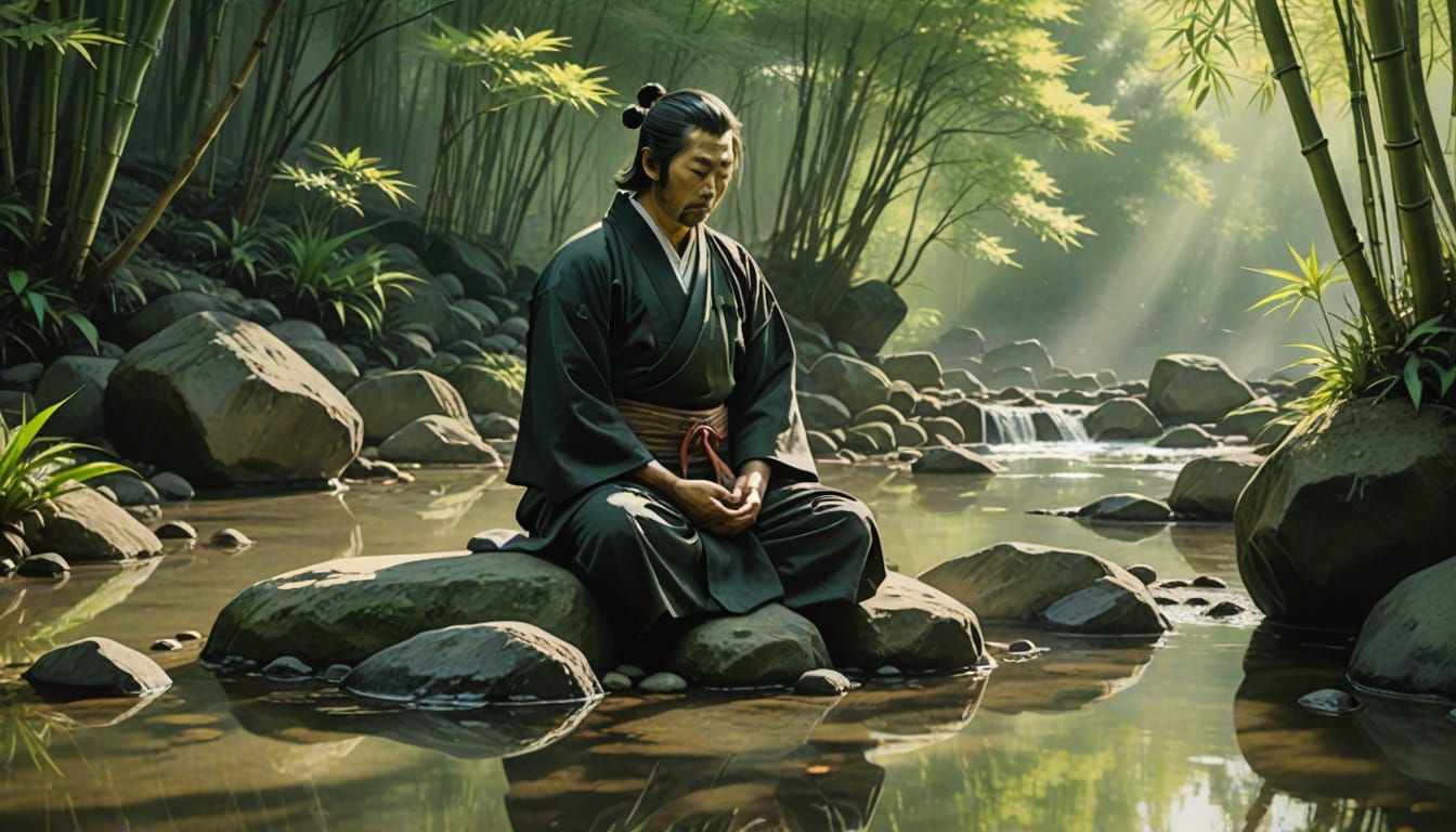 Samurai Meditation in Bamboo Forest: Japanese Ink Painting
