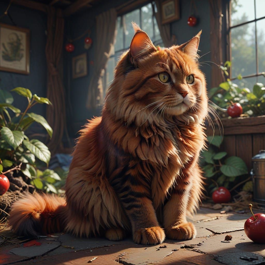 Whimsical Cherry Cat in a Fantastical Landscape