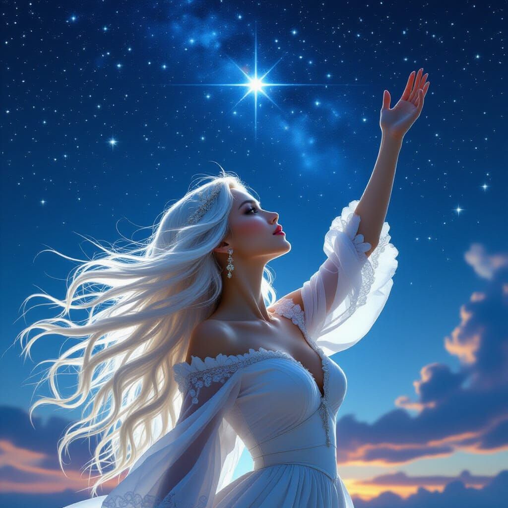Ethereal Woman Reaching for Stars in Photorealistic Style