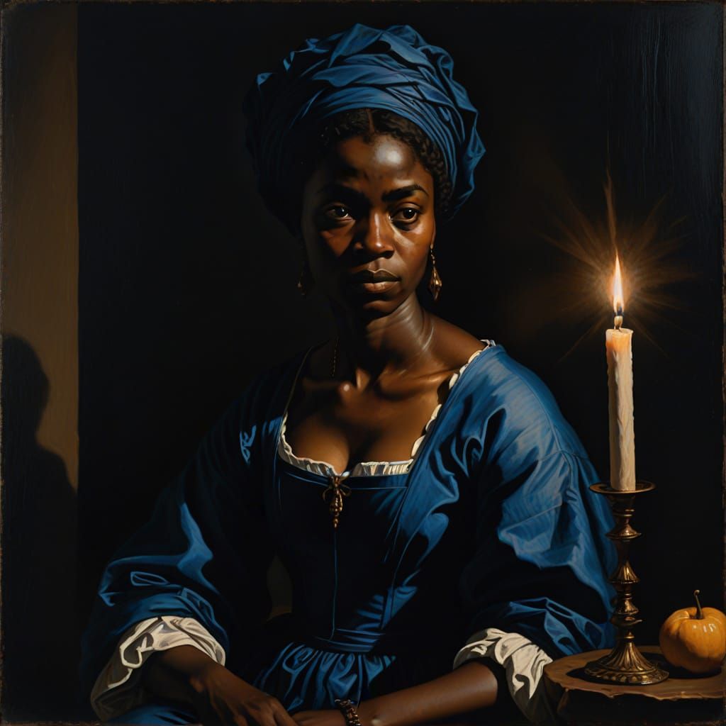 Baroque Oil Painting of an African Woman in Blue