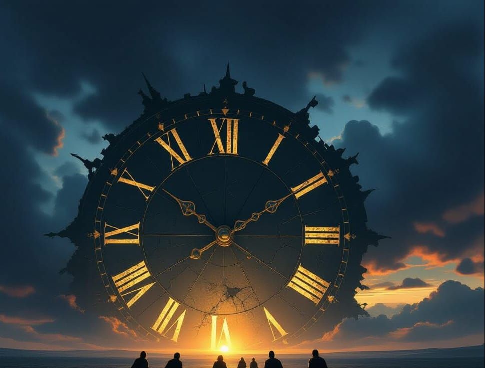 Desolate Landscape with Ancient Clock Under Stormy Twilight