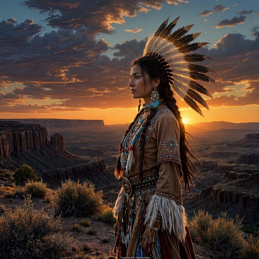 Native American Woman on Mesa at Sunset in Oil Painting Styl...