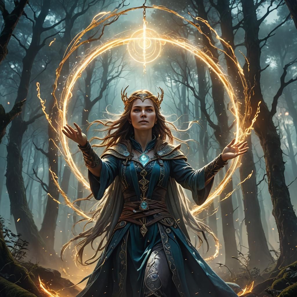 Sorceress Summons Magic in Mystical Forest: Fantasy Art