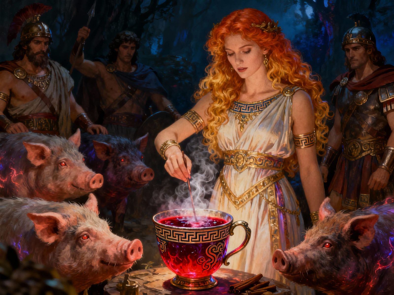 Sorceress Transforms Warriors into Swine in Enchanting Ritua...