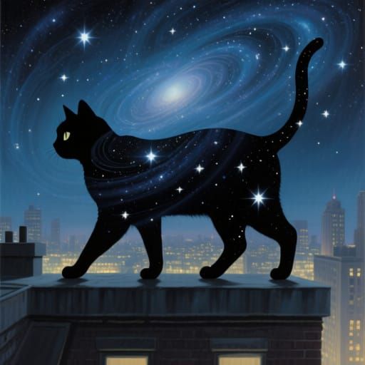 Cosmic Cat Silhouette on City Rooftop