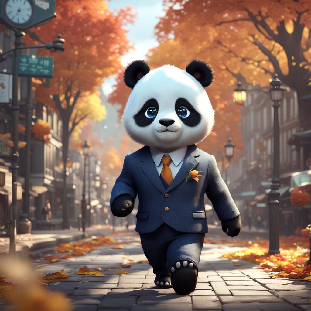CGI Panda Bear in Suit on Autumn Day