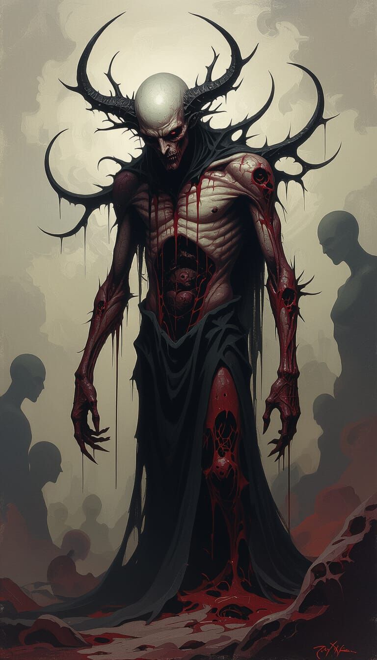 Ominous Figure with Twisted Limbs in Surreal Horror Style