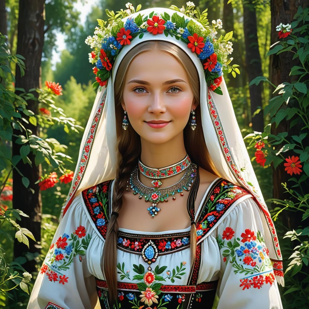 Medieval Russian Maiden Portrait in Folk Art Style