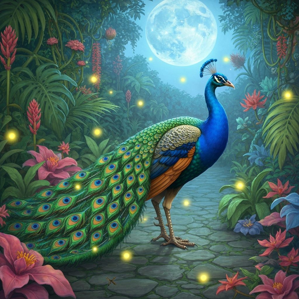 Majestic Dragon-Feathered Peacock in Enchanted Garden