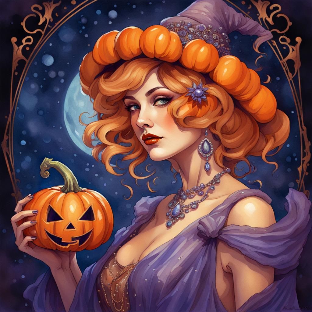 Halloween Pumpkin Woman in Gouache and Watercolor