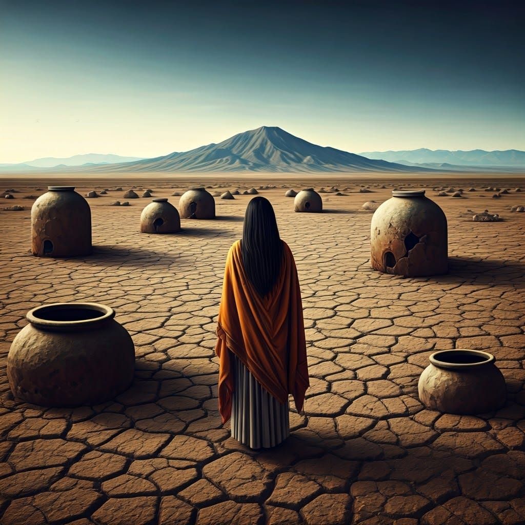 A Lonely Woman in a Desolate Landscape with Cracked Cisterns