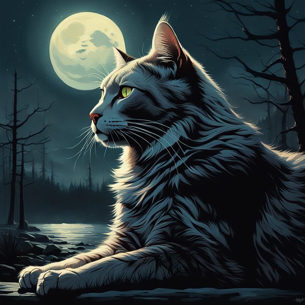 Moonlit Feline Contemplation in Mystical Realism