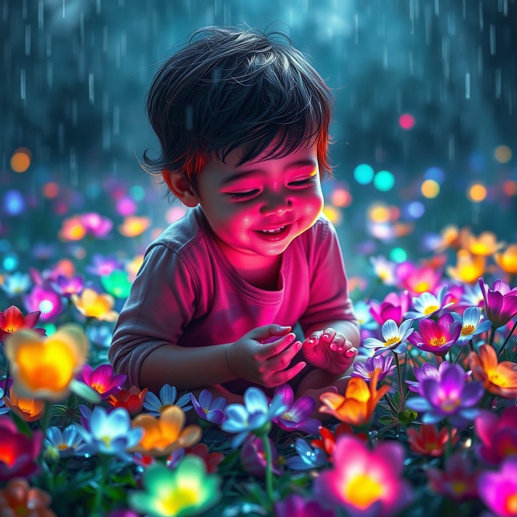 Whimsical Rainy Day Fantasy Scene with Magical Flowers