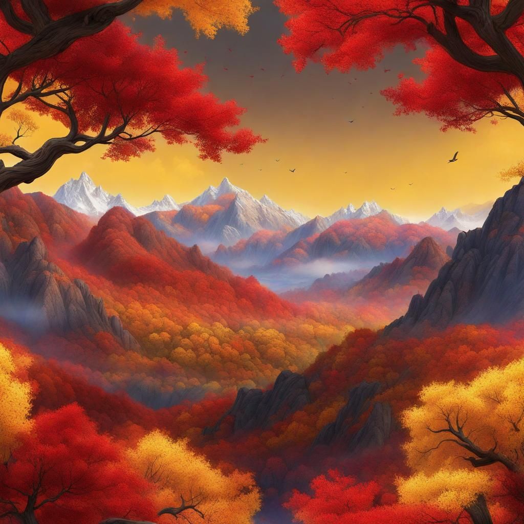 Autumn Mountains and Trees in Detailed Matte Painting
