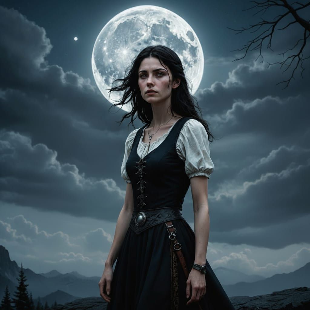 Sad Woman with Wolves Under Full Moon